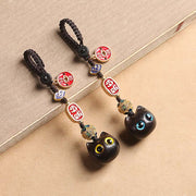 Buddha Stones Ebony Wood Lucky Cat Auspicious Cloud Peace Key Chain Phone Hanging Decoration Key Chain BS 16