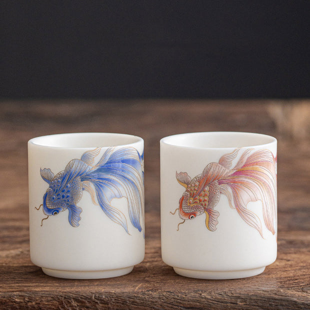 Buddha Stones Koi Fish White Porcelain Ceramic Teacup Kung Fu Tea Cup