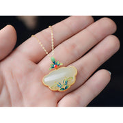 Buddha Stones Chinese Lock Charm Jade Magnolia Flower Abundance Necklace Pendant Necklaces & Pendants BS 9
