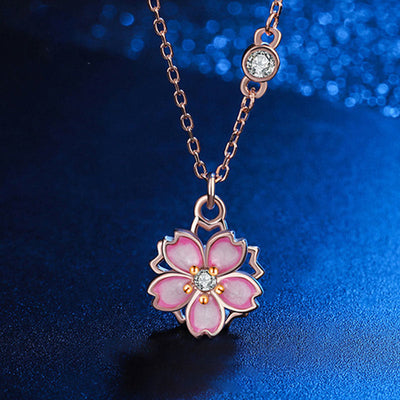 Buddha Stones 925 Sterling Silver Cherry Blossom Flower Rotatable Protection Necklace Pendant Necklaces & Pendants BS Rose Gold Cherry Blossom