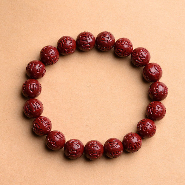 Buddha Stones Natural Cinnabar Om Mani Padme Hum Fret Pattern Lotus Blessing Bracelet Bracelet BS Om Mani Padme Hum 10mm(19 Beads)