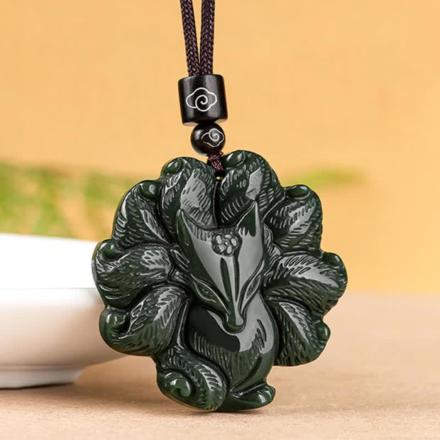 Buddha Stones Hetian Cyan Jade Nine Tailed Fox Luck Necklace String Pendant Necklaces & Pendants BS 1