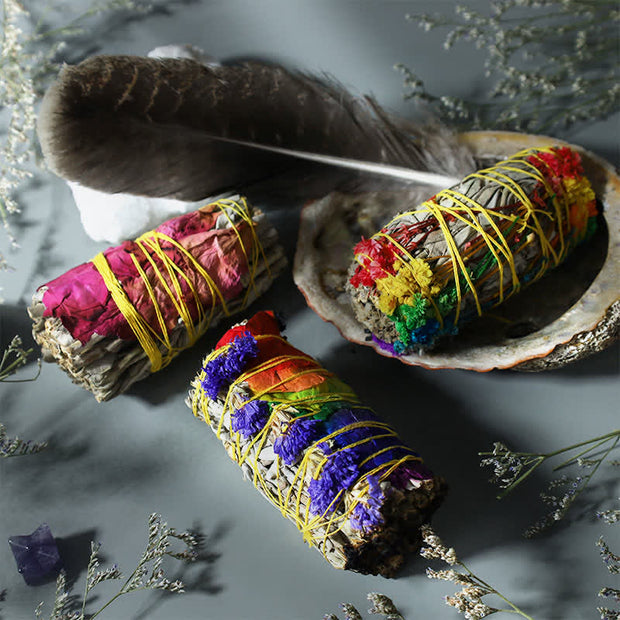 Buddha Stones Colorful Daisy Red Rose Flowers Smudge Stick for Home Cleansing Incense Healing Meditation Smudge Sticks Rituals Set Incense BS Colorful Daisy + Red Rose + Colorful Flowers + Pearl Abalone Shell + Turkey Feather