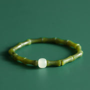 Buddha Stones Green Bamboo Jade Pattern Luck Abundance Bracelet Bracelet BS Green Bamboo Jade Elastic Bracelet(Wrist Circumference 14-15cm)