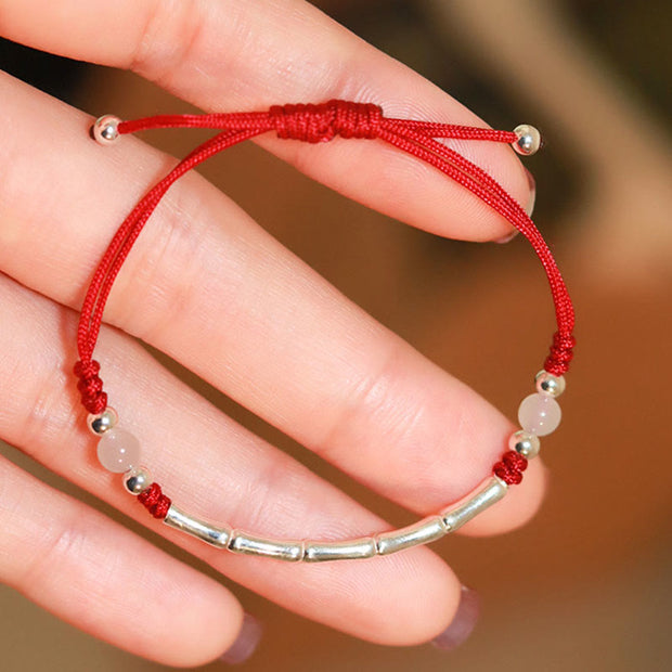 Buddha Stones 925 Sterling Silver Bamboo White Agate Red Agate Bead Protection String Braided Bracelet
