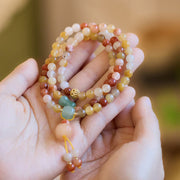 Buddha Stones Natural Golden Silk Jade Pumpkin Charm Wealth Luck Triple Wrap Bracelet