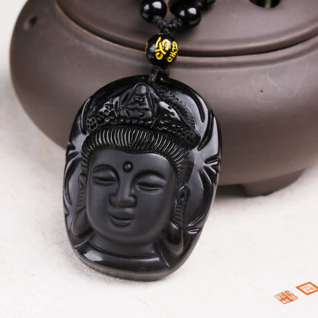 Buddha Stones Natural Black Obsidian Kwan Yin Avalokitesvara Strength String Necklace Pendant Necklaces & Pendants BS 8