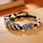 Buddha Stones 999 Sterling Silver FengShui PiXiu Copper Coin Fu Character Wealth Braided Bracelet