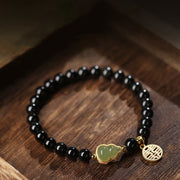 Buddha Stones Natural Black Obsidian Hetian Jade Gourd Double Happiness Strength Bracelet Bracelet BS 1