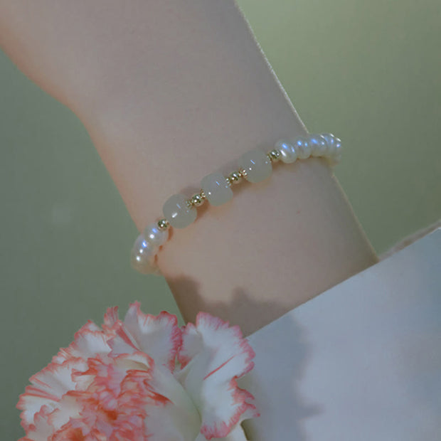 Buddha Stones 14K Gold Plated Natural Pearl Hetian Cyan Jade White Jade Sincerity Bead Chain Bracelet Bracelet BS 25