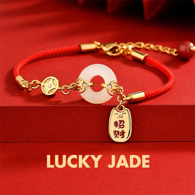 Buddha Stones White Jade Peace Buckle Copper Coin Fortune Charm Blessing Bracelet Bracelet BS 14-17cm