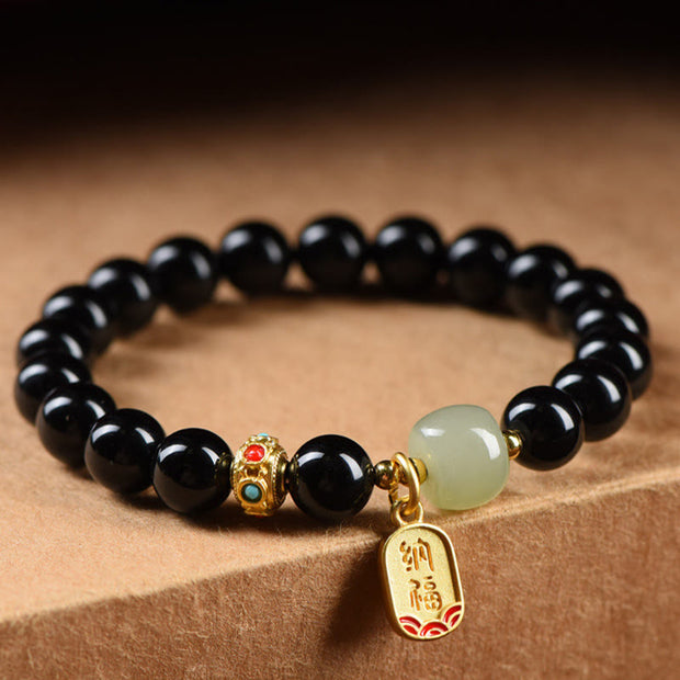 Buddha Stones Black Onyx Hetian Jade Bead Lucky Fortune Charm Bracelet Bracelet BS 2