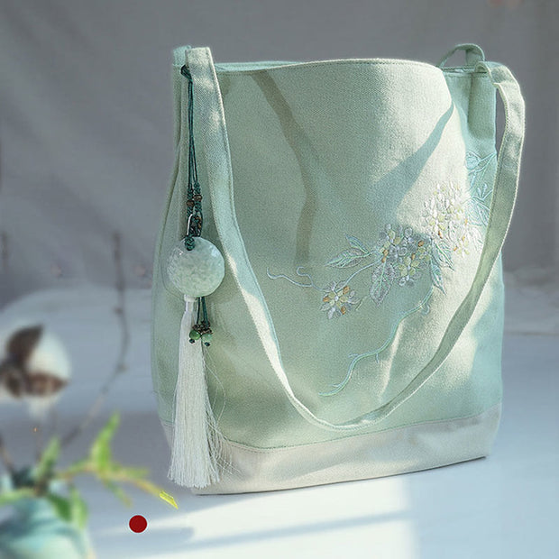 Buddha Stones Flower Crane Plum Blossom Embroidery Canvas Large Capacity Shoulder Bag Tote Bag Bag BS Green Flower Branch