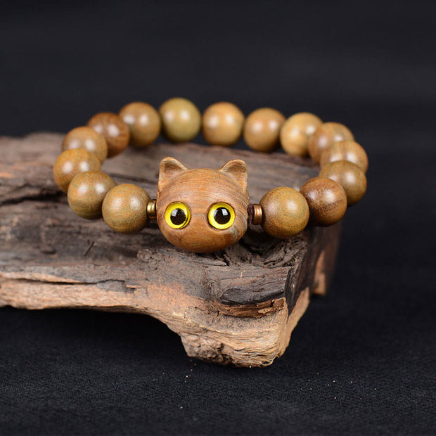 Buddha Stones Ebony Wood Green Sandalwood Red Sandalwood Lovely Cat Balance Bracelet