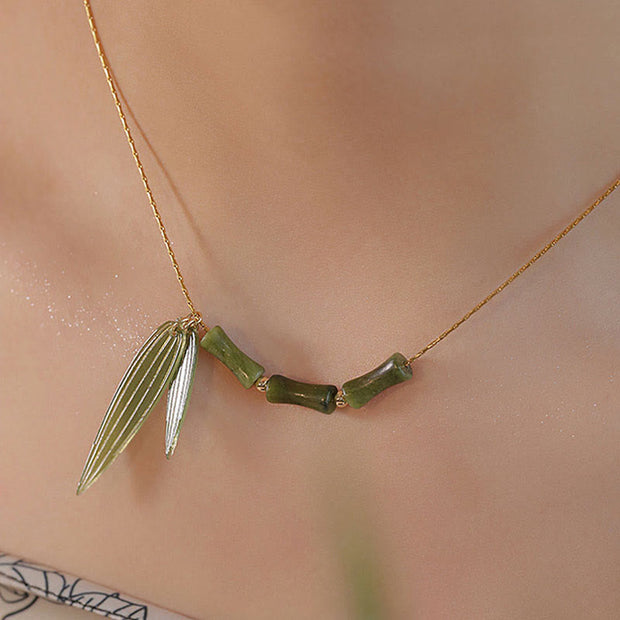 Buddha Stones Bamboo Leaf Jade Design Wealth Necklace Pendant Necklaces & Pendants BS 8