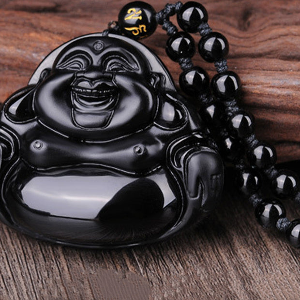 Buddha Stones Laughing Buddha Black Obsidian Transformation Pendant Necklace Necklaces & Pendants BS 4