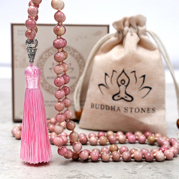 Buddha Stones 108 Mala Rhodonite Beads Yoga Meditation Prayer Beads Bracelet Bracelet BS 5