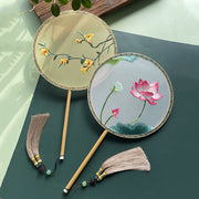 Buddha Stones Lotus Flowers White Crane Auspicious Clouds Double-sided Embroidered Handheld Silk Fan
