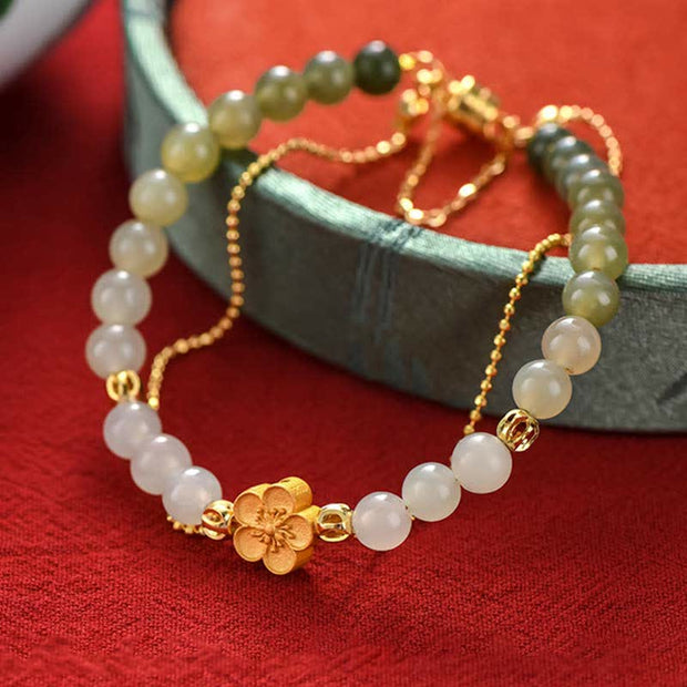 Buddha Stones 925 Sterling Silver Natural Hetian Jade Peach Blossom Luck Chain Bracelet Bracelet BS 6