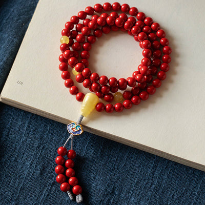 Buddha Stones 108 Mala Beads Natural Cinnabar Amber Keep Away Evil Spirits Bracelet Mala Bracelet BS Red Cinnabar
