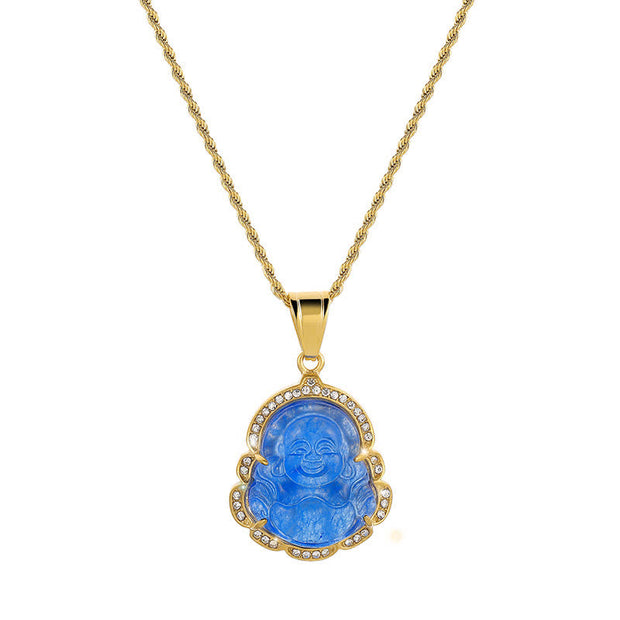 Buddha Stones 18K Gold Filled Laughing Buddha Jade Luck Necklace Chain Pendant Necklaces & Pendants BS Blue