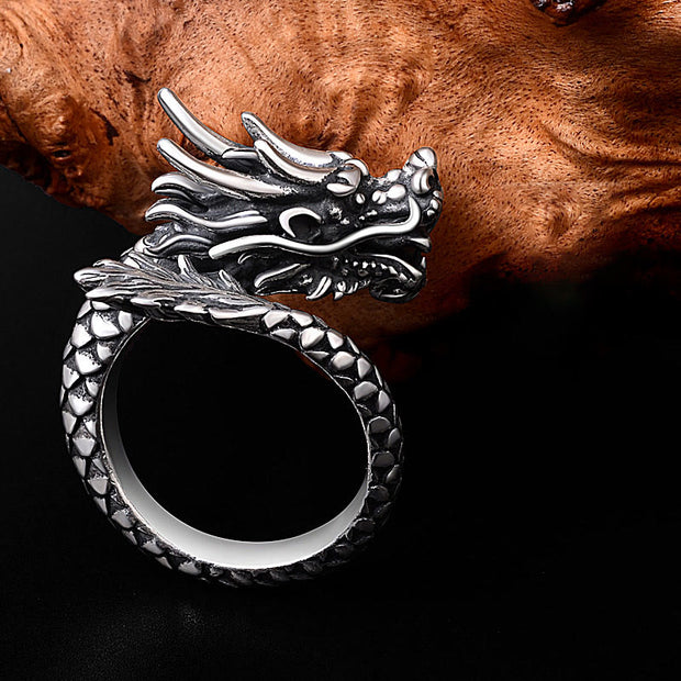 Buddha Stones 990 Sterling Silver Vintage Dragon Design Luck Protection Strength Adjustable Ring