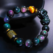 Buddhastoneshop FengShui PiXiu Rainbow Obsidian Black Onyx Tiger Eye Positive Bracelet