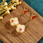 Buddha Stones 24K Gold Plated White Jade Four Leaf Clover Plum Blossom Luck Necklace Pendant Earrings Necklaces & Pendants BS 8