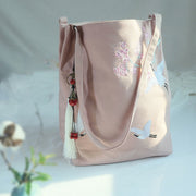 Buddha Stones Flower Crane Plum Blossom Embroidery Canvas Large Capacity Shoulder Bag Tote Bag Bag BS Pink Flower Crane