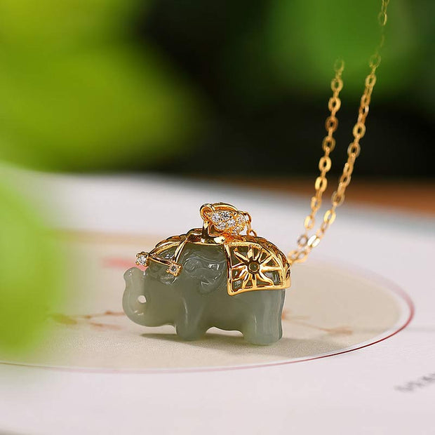 Buddha Stones 925 Sterling Silver Jade Elephant Blessing Fortune Necklace Chain Pendant Necklaces & Pendants BS 1