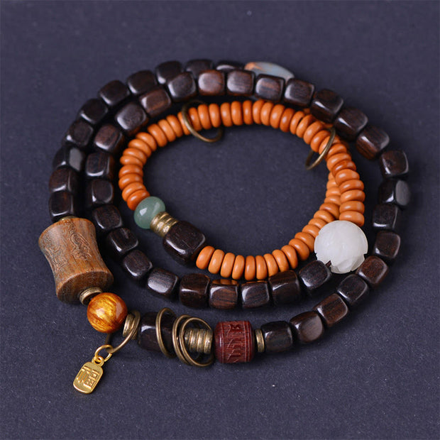 Buddha Stones Green Sandalwood Ebony Om Mani Padme Hum Engraved Peace Triple Wrap Bracelet Bracelet BS Ebony