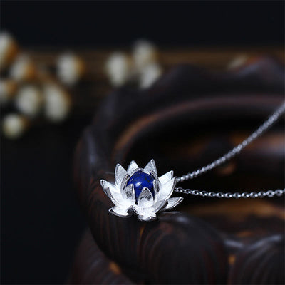 Buddha Stones 925 Sterling Silver Lazurite Lotus Flower Self Care Necklace Pendant Necklaces & Pendants BS 925 Sterling Silver&Lazurite