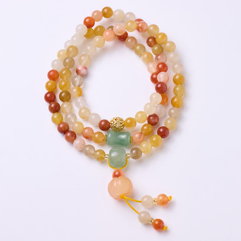 Buddha Stones Golden Silk Jade Pumpkin Charm Wealth Luck Triple Wrap Bracelet