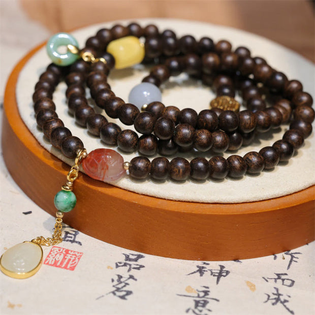 Buddha Stones 108 Mala Beads Brunei Agarwood Amber Red Agate Peace Buckle Jade Peace Bracelet Mala Bracelet BS 1