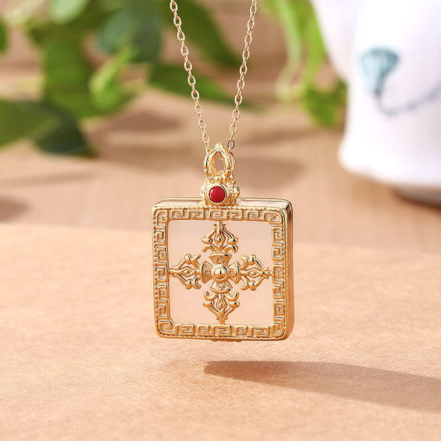 Buddha Stones 24K Gold Plated White Jade Double Dorje Protection Luck Necklace Pendant Necklaces & Pendants BS 4