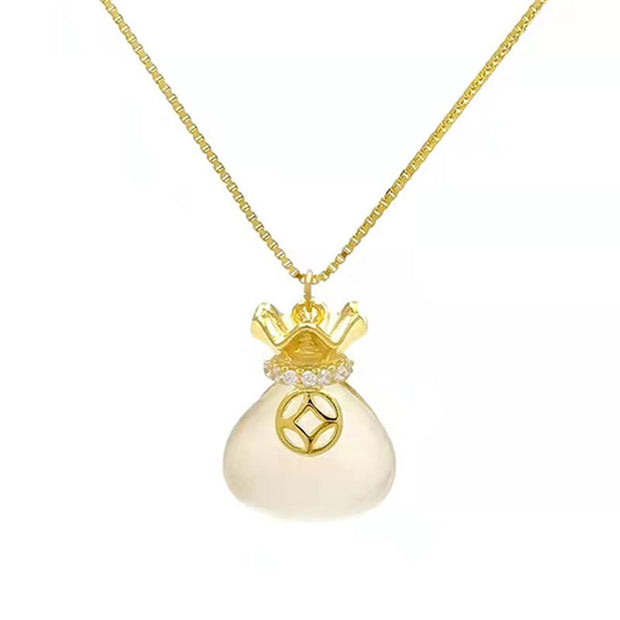 Buddha Stones White Jade Copper Coin Luck Money Bag Necklace Pendant Necklaces & Pendants BS 9