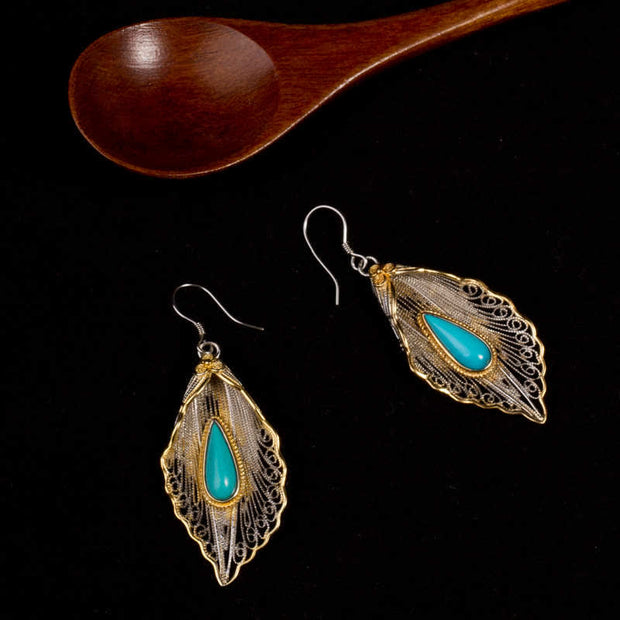 Buddha Stones 925 Sterling Silver Turquoise Bodhi Leaf Pattern Protection Drop Dangle Earrings Earrings BS 11