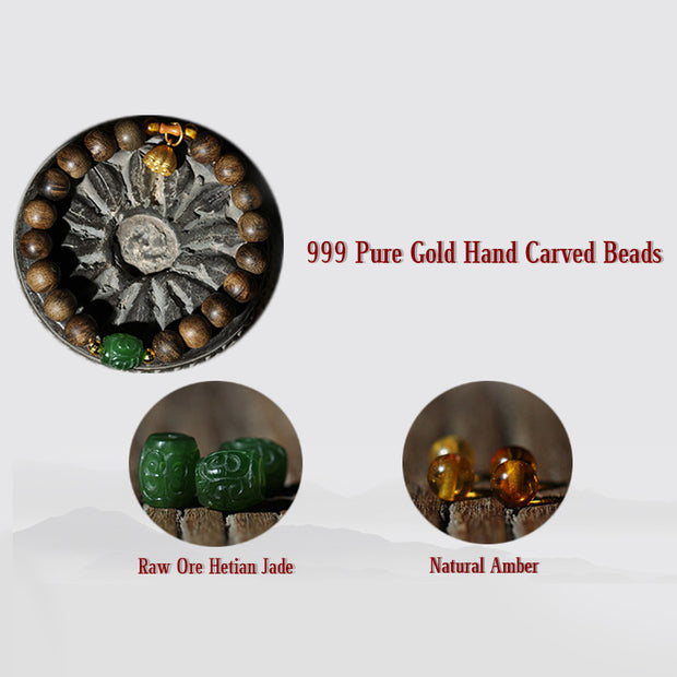 Buddha Stones 999 Gold Brunei Agarwood Cyan Jade Lotus Flower Peace Strength Bracelet Bracelet BS 21