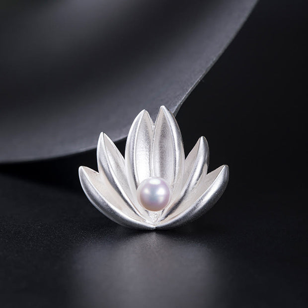 Buddha Stones 925 Sterling Silver Lotus Flower Pearl New Beginning Brooch