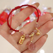Buddha Stones Natural Strawberry Quartz Money Bag Lotus Healing Charm Red String Braided Bracelet Bracelet BS 5