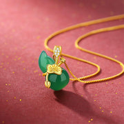 Buddha Stones Cyan Jade Gourd Lotus Leaf Abundance Pendant Necklace Necklaces & Pendants BS Cyan Jade