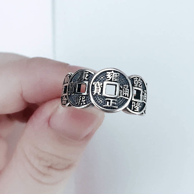 Buddha Stones Five-Emperor Coins Auspicious Wealth Adjustable Ring Ring BS 3