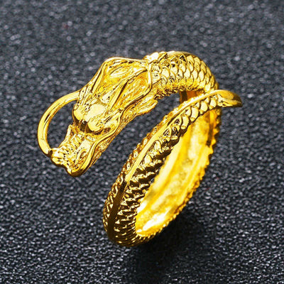 Buddha Stones Lucky Dragon Phoenix Protection Energy Adjustable Ring Ring BS Dragon(Protection♥Success) Gold