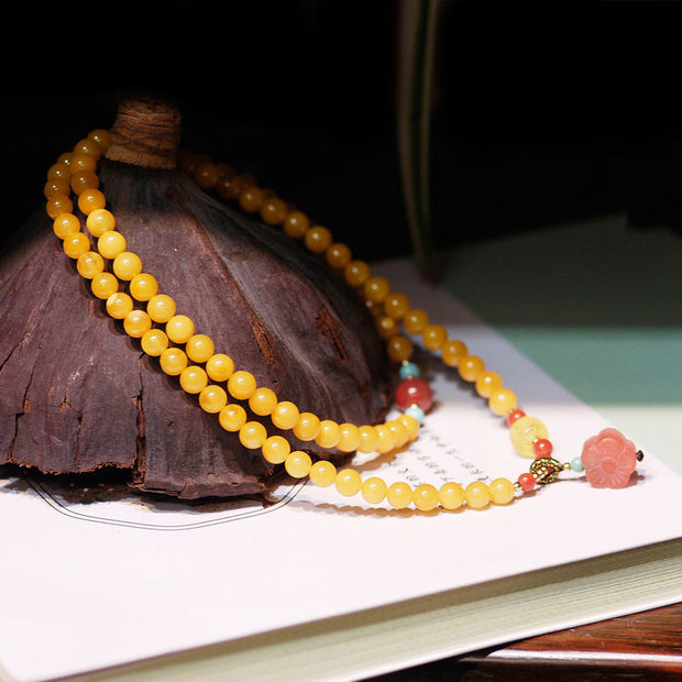 Buddha Stones Amber Healing Balance Necklace Flower Charm Bracelet