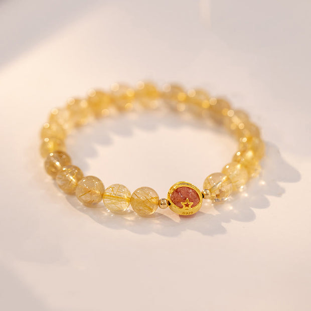 Buddha Stones Golden Rutilated Quartz Strawberry Quartz Star Protection Bracelet