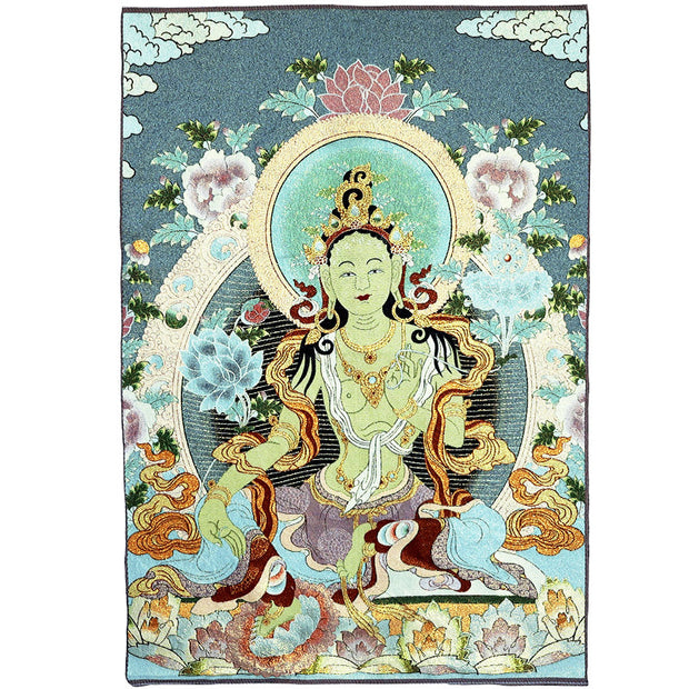 Buddha Stones Tibetan Silk Embroidery White Tara Thangka Tapestry Wall Hanging Wall Art Meditation for Home Decor Decorations BS 4