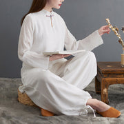 Buddha Stones 2Pcs Tai Chi Meditation Yoga Zen Spiritual Cotton Linen Clothing Top Pants Women's Set Clothes BS White(Top&Pants) XXL