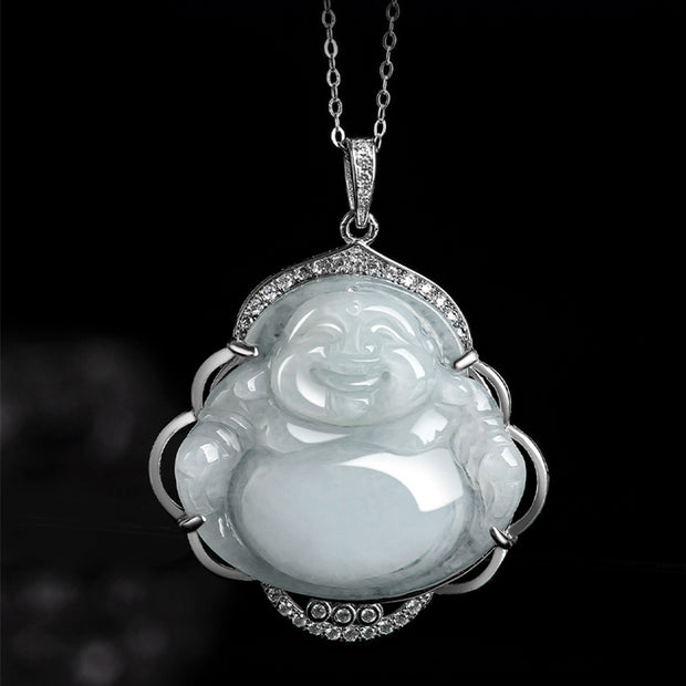 Buddha Stones 925 Sterling Silver Laughing Buddha Natural Jade Abundance Necklace Pendant Necklaces & Pendants BS 3