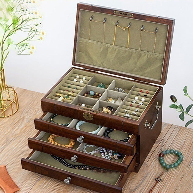 Buddha Stones Retro Solid Wood Jewelry Box Four-Layer Wooden Jewelry S ...