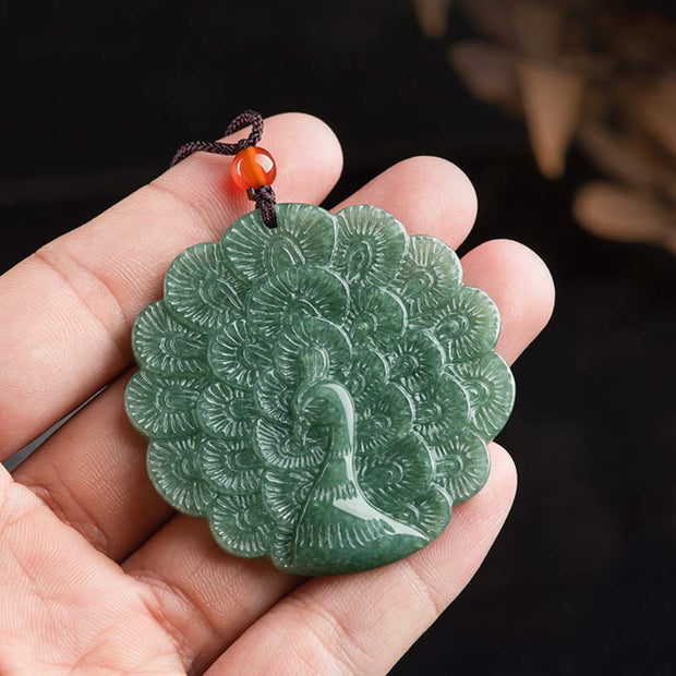 Buddha Stones Natural Jade Peacock Luck Prosperity Necklace Pendant Necklaces & Pendants BS 4